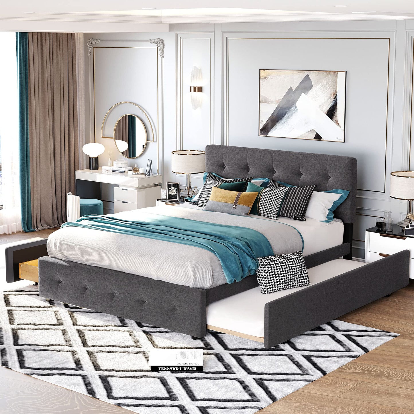 Ball & Cast Queen Size Bed Frame with 2 Drawers and 1 Twin XL Trundle, Linen Upholstered Platform Bed with Button Tufted Headboard and Wood Slats Support, No Box Spring Needed,Dark Gray