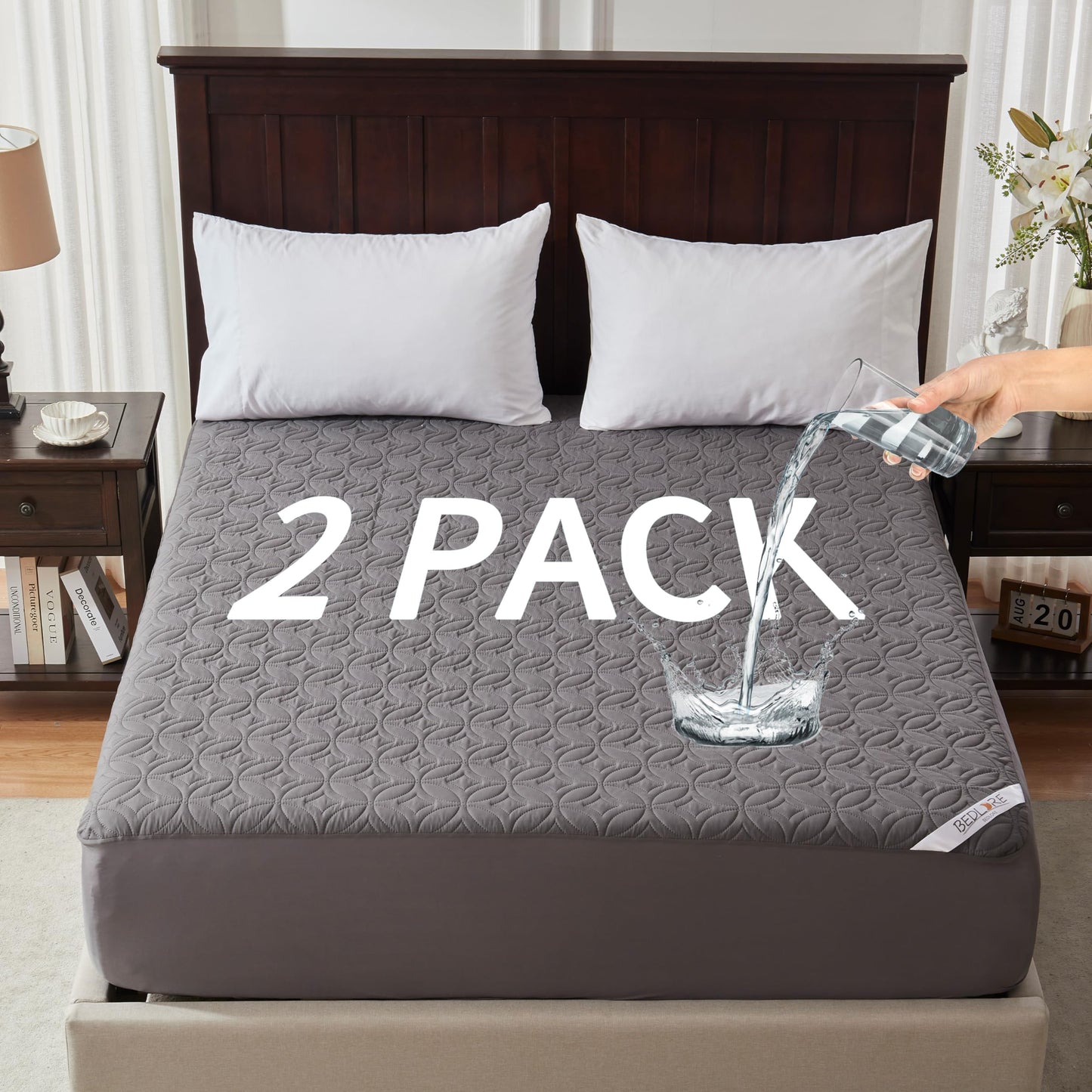 2 Pack Waterproof Mattress Protector, Queen Size Mattress Pad Noiseless with Deep Pocket 6"-18" Depth, Soft Breathable Dirt-Proof Bed Mattress Cover Washable for Home, Bedroom, Hotel (Gray)