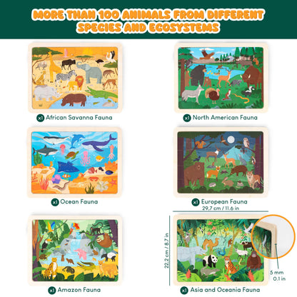 BONNYCO Wooden Puzzles for Kids Ages 4-6 and 3-5. Set of 6 Jigsaw Puzzles 24 Pieces with Board, Animals from Diverse Ecosystems. Educational Toys, Learning Gifts for Boys, Girls