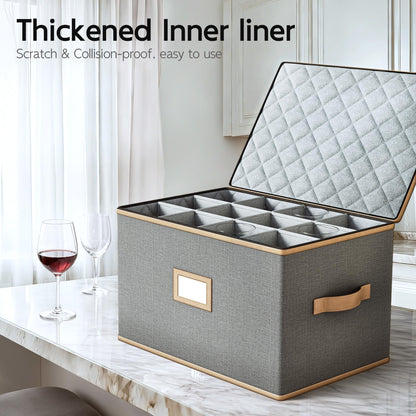 TomVista Wine Glass Storage Box with Dividers, Quilted Hard Shell Organizer for Stemware and Glassware Sets, Ideal for Storage and Moving Supplies, 1-Pack, Grey