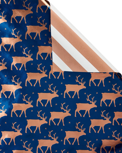 American Greetings Foil Christmas Wrapping Paper Rolls, Metallic Rose Gold and Navy Blue Holiday Gift Wrap (80 sq. ft., 4 Rolls-30 in. x 8 ft., Reversible) Snowflakes, Reindeer, Merry Christmas