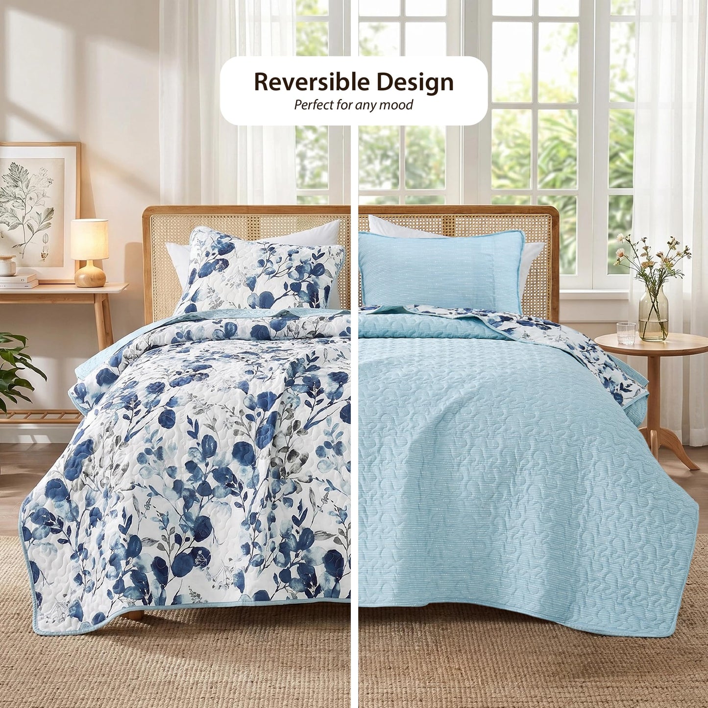 Regency Heights Quilt Set Quilted Bedspread Reversible Lightweight Floral Printed Oversized Quilted Bedding Set with Shams 2pc, Twin Size, Navy Blue