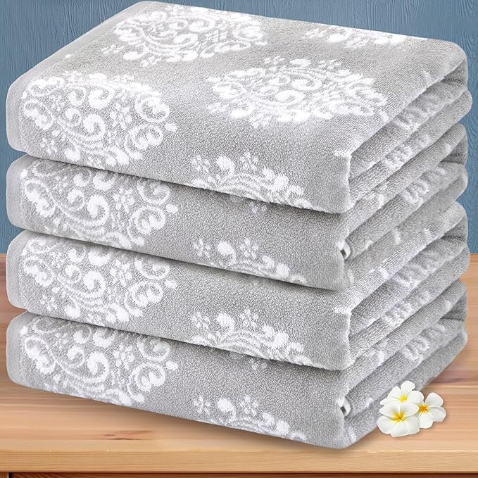 Grey Pattern Bath Towels, Quick Dry Bath Towel, Damask Jacquard Shower Towel