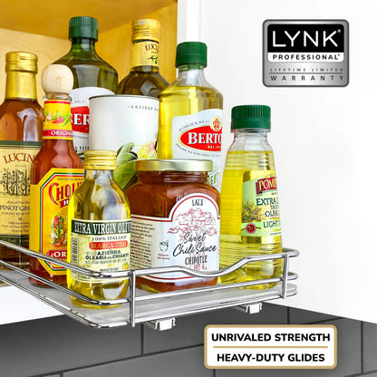 LYNK PROFESSIONAL® Pull Out Spice Rack Organizer for Inside Kitchen Cabinets - 4-1/4 inch Wide - Slide Out Drawer – Chrome Sliding Spice Cabinet Organization Shelf Racks - 2 Tier