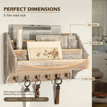 Rebee Vision Pine Wood Rustic Key Holder Wall Mount - Farmhouse 3-Tire Mail Holder with 6 Key Hooks - Multifunctional Wall Organizer for Haning Office Papaer (Natural)