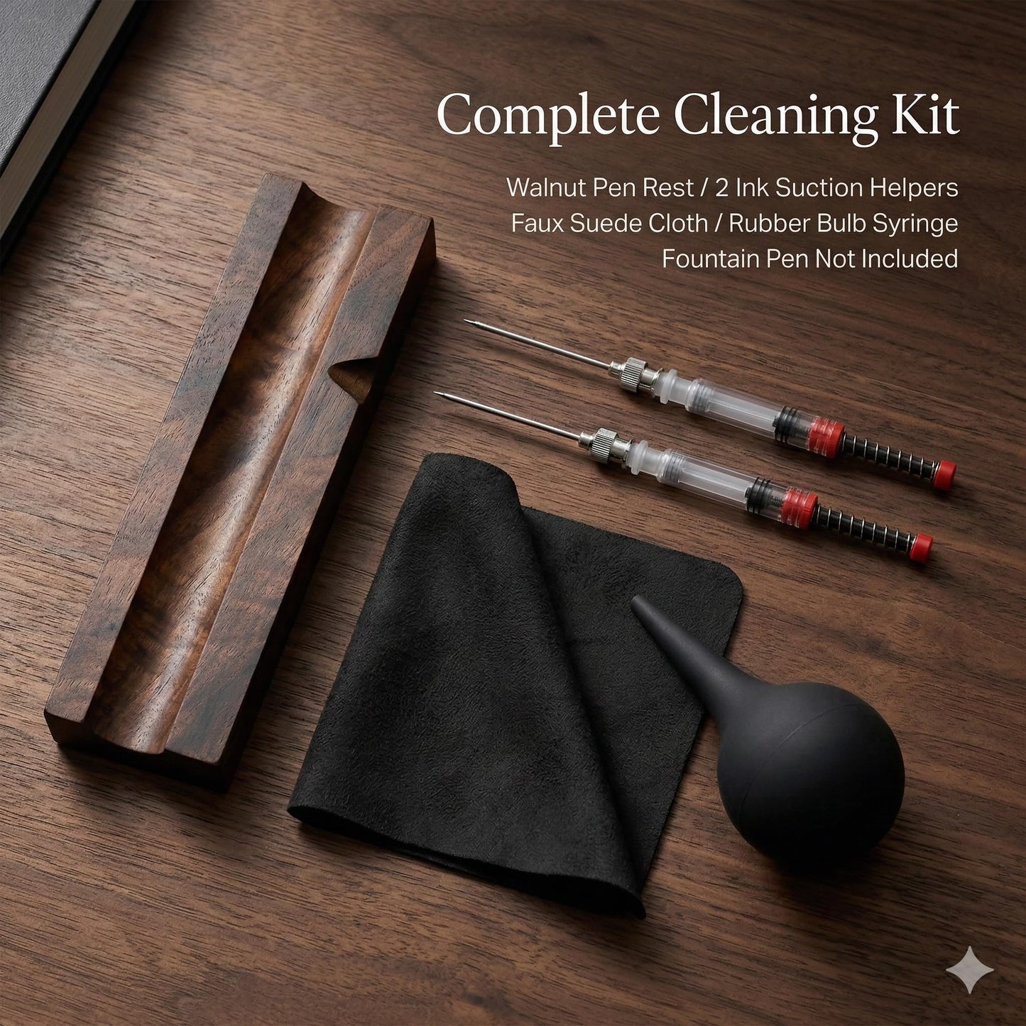 Fountain Pen Cleaning Kit with Black Walnut Pen Rest, 2 Ink Filling Tools, Premium Cleaning Cloth and Rubber Cleaning Bulb, Fountain Pen Maintenance Set for Flushing, Filling and Daily Pen Care