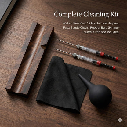 Fountain Pen Cleaning Kit with Black Walnut Pen Rest, 2 Ink Filling Tools, Premium Cleaning Cloth and Rubber Cleaning Bulb, Fountain Pen Maintenance Set for Flushing, Filling and Daily Pen Care
