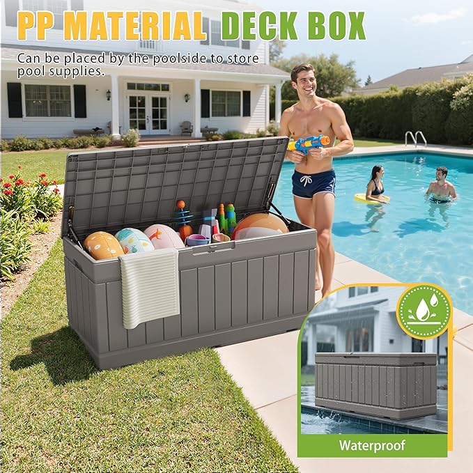 Greesum Outdoor Storage Box 82 Gallon Storage Bin with Lid for Patio Furniture, Garden Tools, Pool Supplies, Waterproof and UV Resistant, Lockable, Coffee