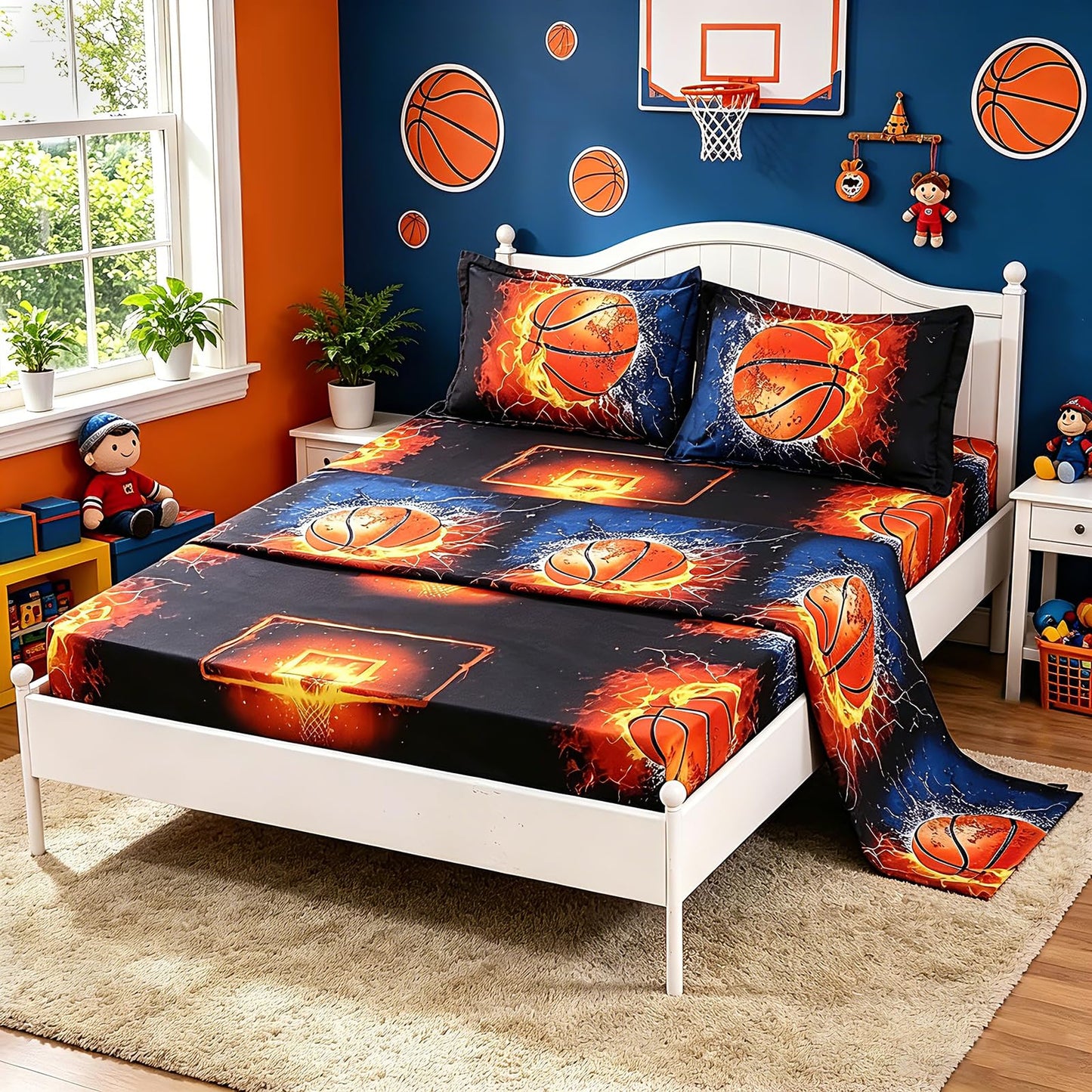 SDIII 4Pcs Fiery Basketball Sheet Set Twin, Basketball with Special Effects Sheet Set, Super Soft Microfiber, Wrinkle and Fade Resistant, for Boys Men and Basketball Sports Lovers, Twin
