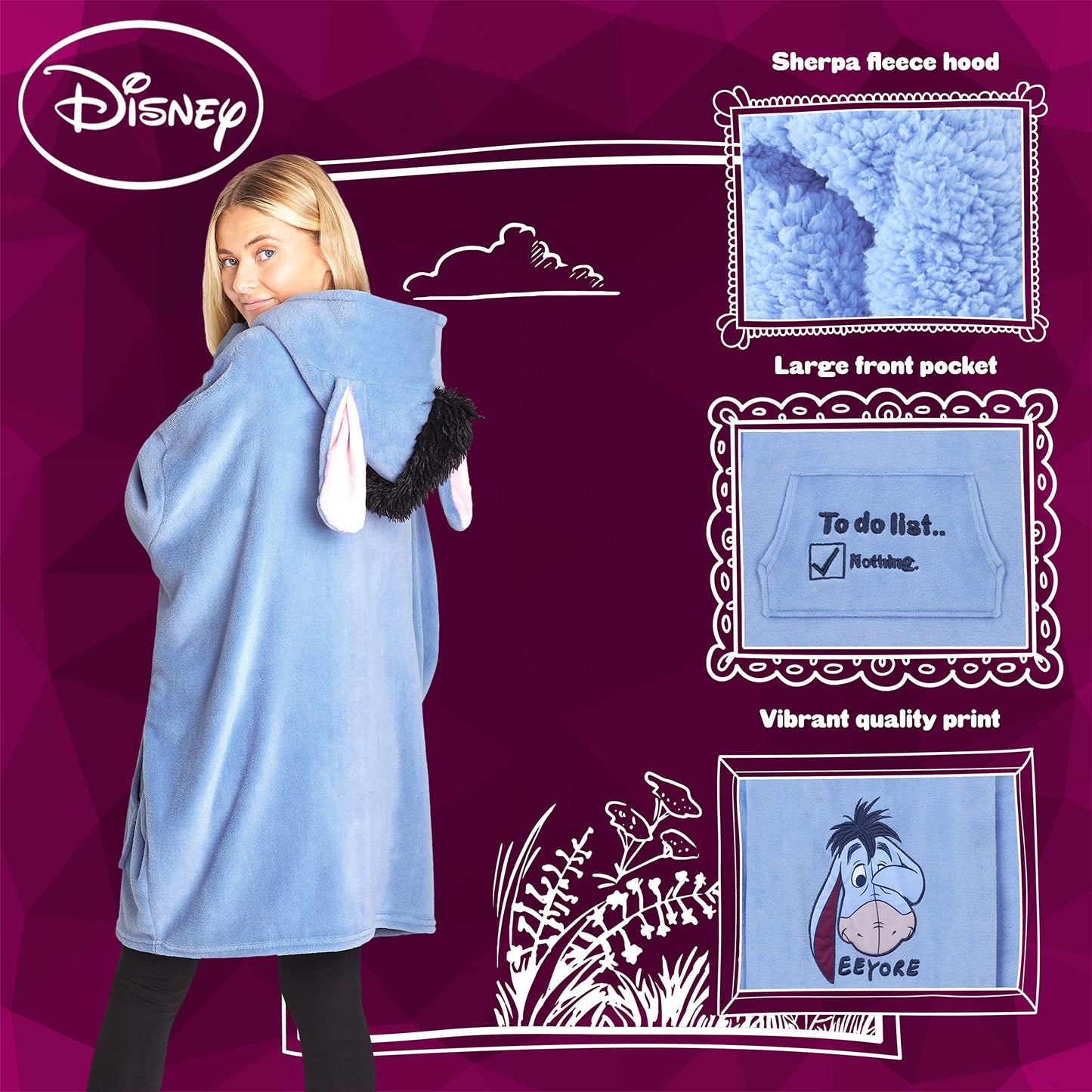 Disney Stitch Blanket Hoodie for Women Teens, Wearable Oversized Fleece Hooded Poncho with Pocket, Cozy Gifts for Women (Blue Eeyore)