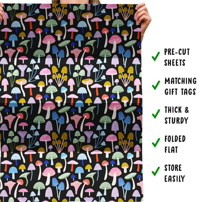CENTRAL 23 Mushroom Wrapping Paper - 6 Sheets Of Birthday Gift Wrap For Women - Bright Mushrooms On Black Background - Halloween - Comes With Stickers - Recyclable