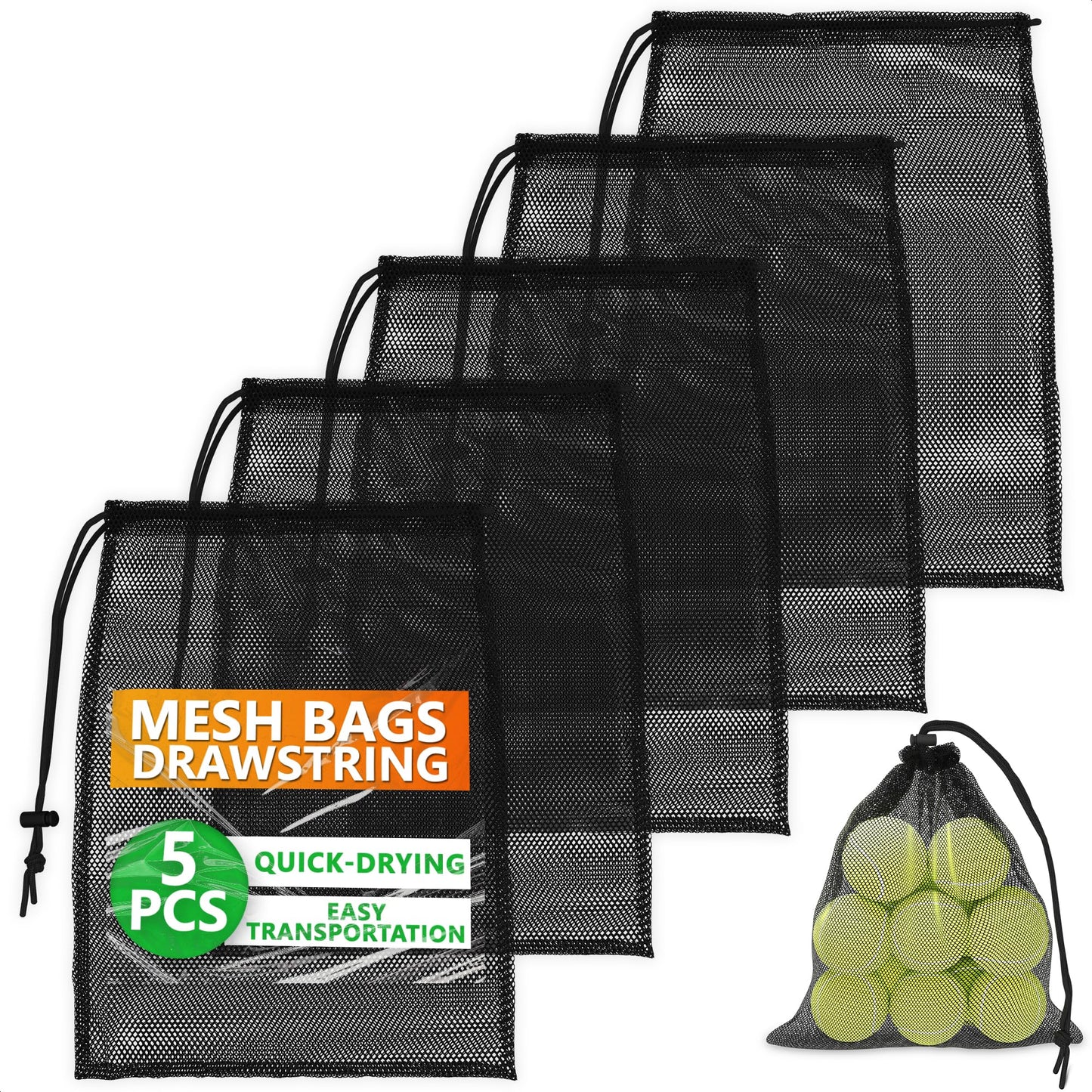 Mesh Bags Drawstring 5Pcs 11,8 х7.48'' – Strong, Lightweight, Breathable Mesh Bag with Quick-Dry and Tear-Resistant Design – Easy to Tighten and Adjust for Travel, Sports, Swimming, and Ball Storage