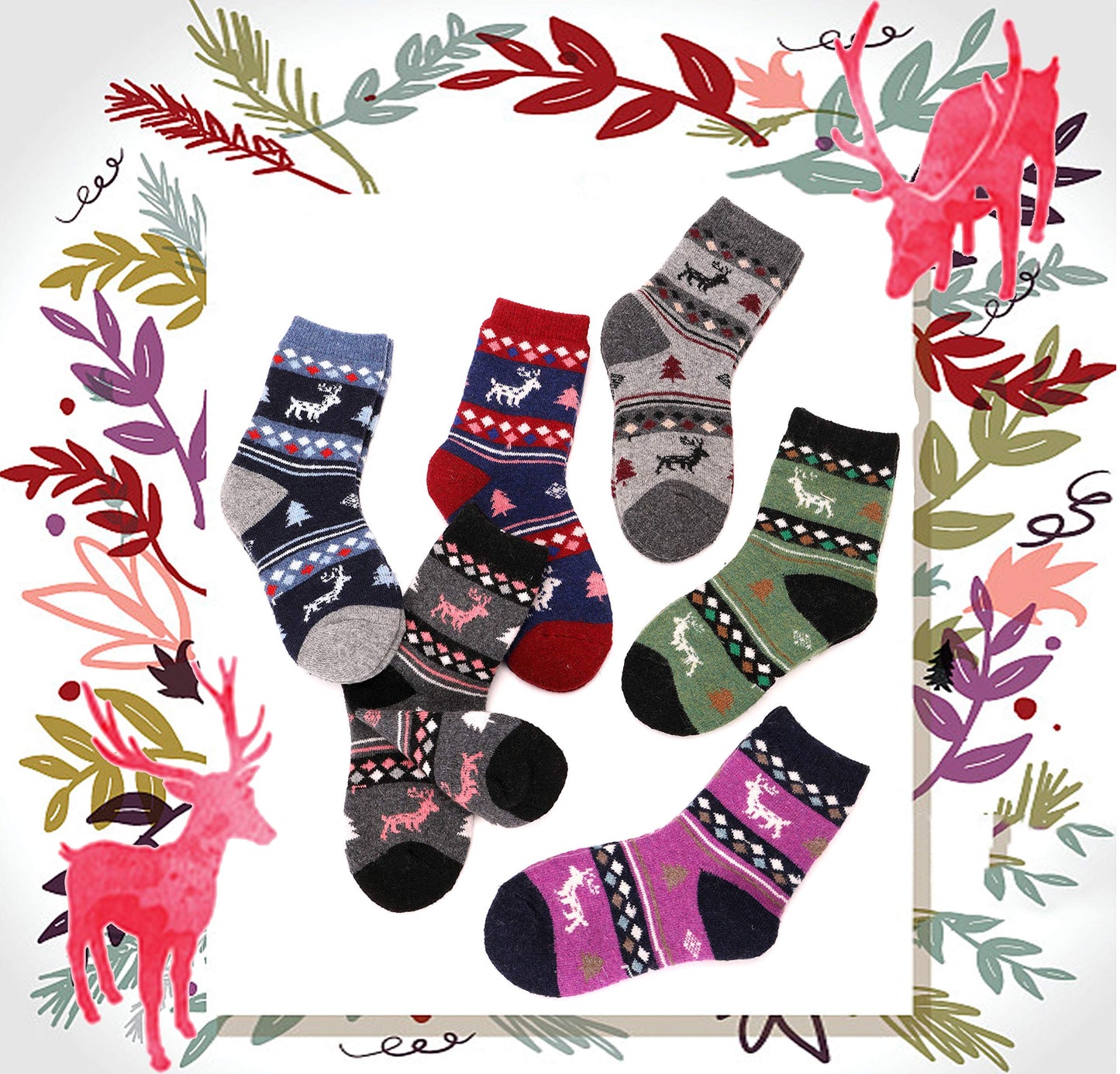 ANTSANG Kids Merino Wool Hiking Socks Toddlers Boys Girls Winter Warm Thick Thermal Crew Boot Heavy Cozy Snow Cabin Gift Snowboarding Socks 6 Pairs for Childs(Christmas Deer,1-3Y)