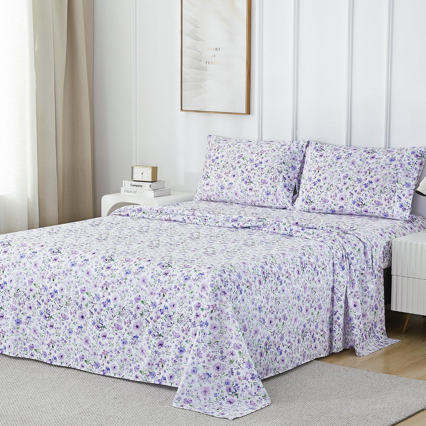Viviland Floral Twin Sheet Set - 3 Piece Vintage Lavender Flower and Leaves Patterned Bed Sheets - Soft, Breathable Microfiber Sheets with Deep Pocket, Non-Slip Fitted Sheets & Pillowcases