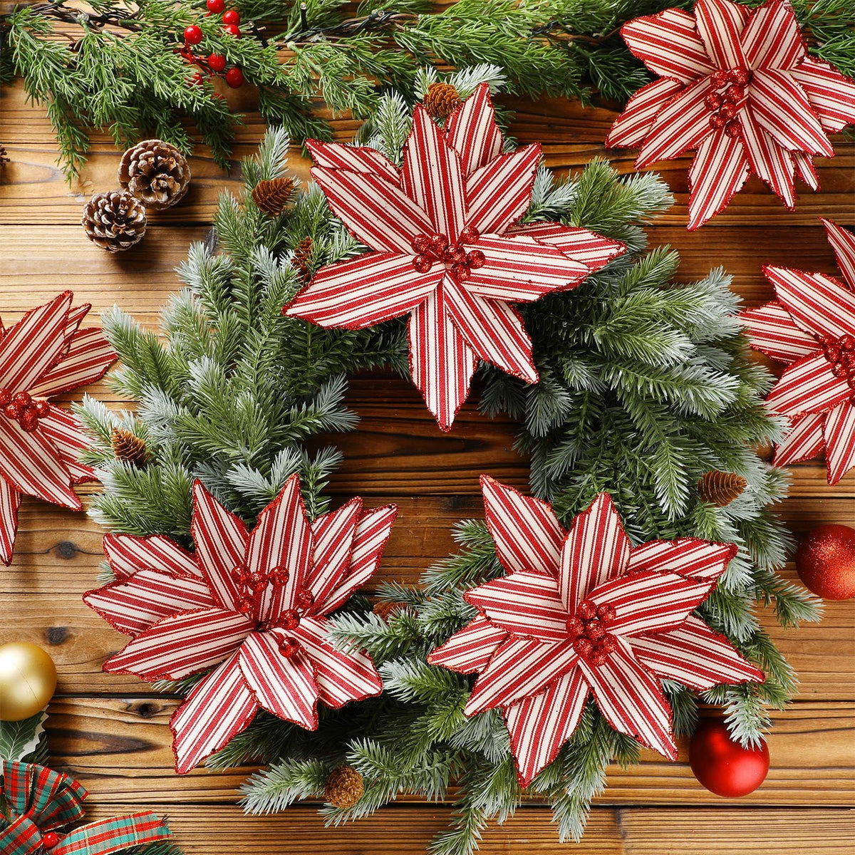 Soulchen 12 Pcs 12'' Red and White Christmas Poinsettia Candy Cane Poinsettia Christmas Tree Ornaments Peppermint Flower Tree with Stems Topper for DIY Xmas Wreath Garland Holiday Party Decor