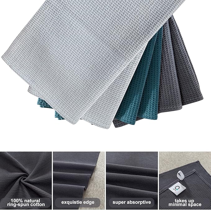 QUILTINA Dish Towels Set, 100% Cotton Waffle Weave Kitchen Towels 6 Pack