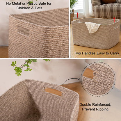 OIAHOMY 75L Large Woven Cotton Rope Storage Basket with Handle for Organizing Blanket and Toys for Living Room, Nursery, Brown Variegated 22”x17”x12”