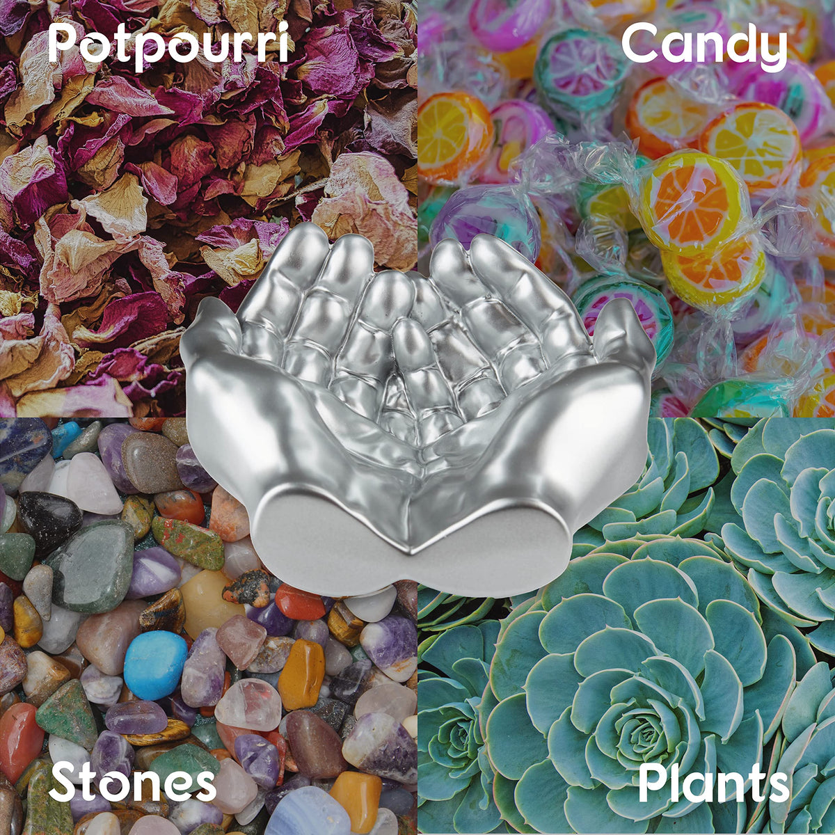 Tapeera Hand Shaped Succulent Planter Pot - Crystal Holder Display - Air Plant Holder Hand Planter - Giving Hands Sculpture Decor - Key Bowl Ring Dish Trinket Dish Candy Dish - Candle Holder (Silver)
