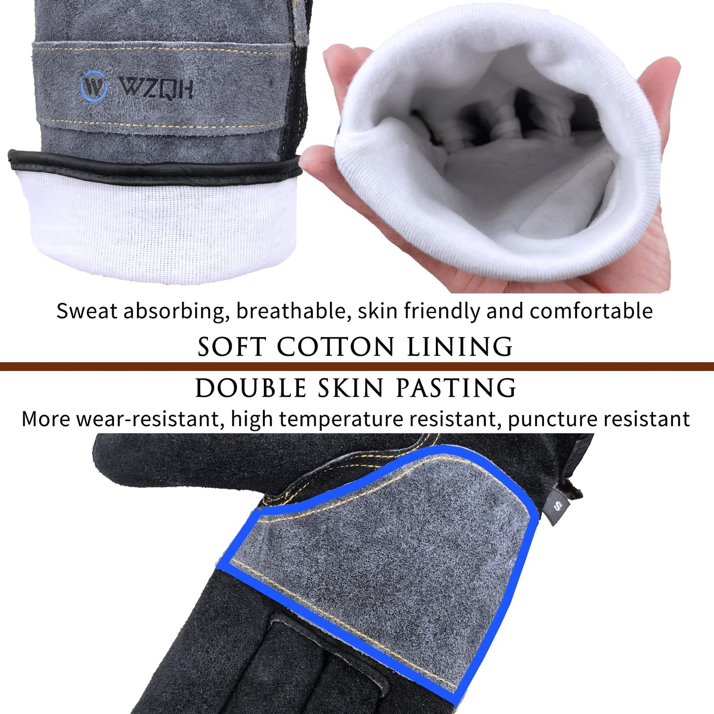 WZQH Leather Work Gloves for Men or Women, Large Glove for Gardening, Tig/Mig Welding, Construction, Chainsaw, Farm, Ranch, etc. Cowhide, Cotton Lined, Utility, Firm Grip, Durable. Grey-Black L
