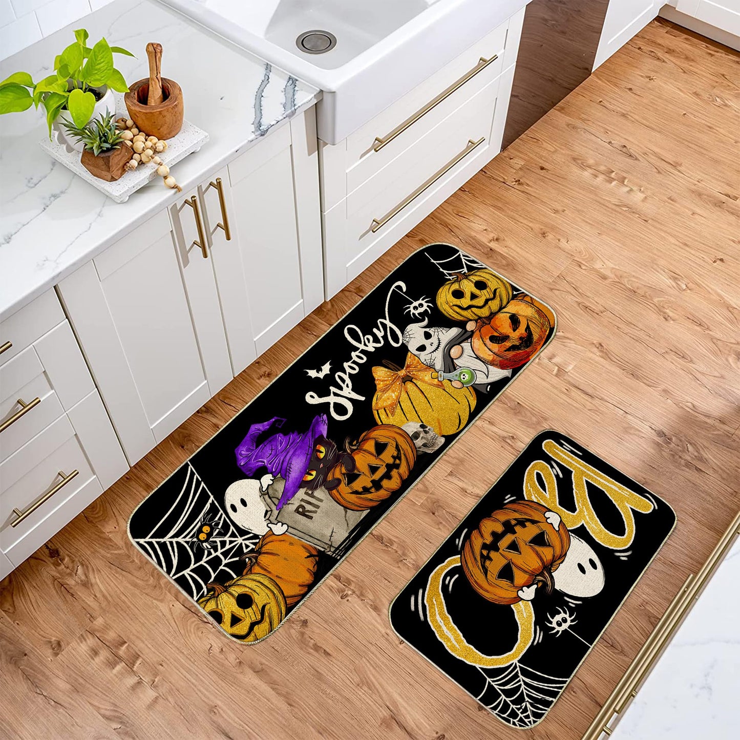 Unibyby Halloween Kitchen Mat Spooky Pumpkins Ghost Halloween Kitchen Mats for Floor, Boo Black Cat Kitchen Rugs and Mats Non Skid Washable Set of 2, Decorative Kitchen Decor 17x29 and 17x47 Inch