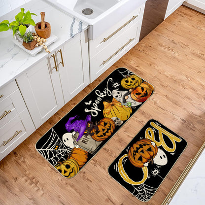 Unibyby Halloween Kitchen Mat Spooky Pumpkins Ghost Halloween Kitchen Mats for Floor, Boo Black Cat Kitchen Rugs and Mats Non Skid Washable Set of 2, Decorative Kitchen Decor 17x29 and 17x47 Inch