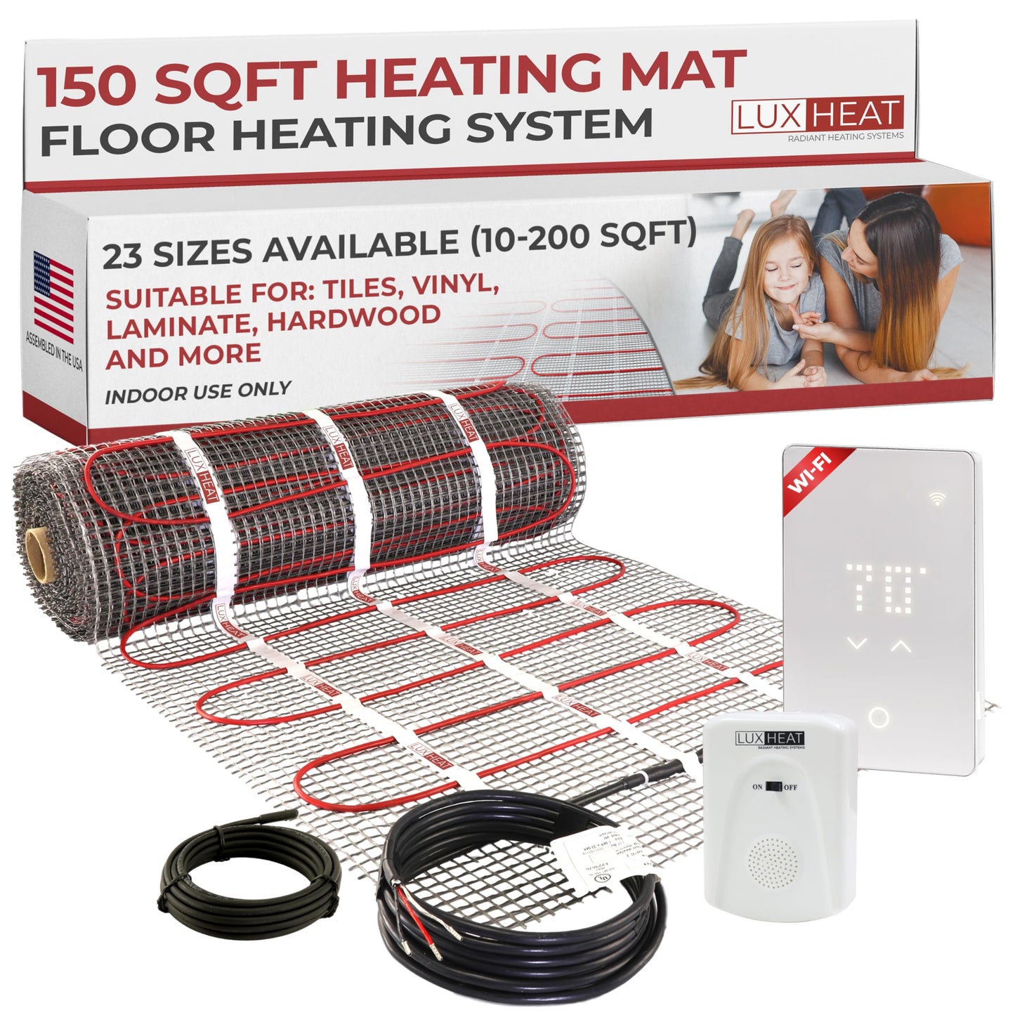 LuxHeat 150sqft Floor Heating Mat Kit - 120v Under Tile Floor Heater Kit for Vinyl - Easy to Install Infloor Heat System - Includes UWG5 WiFi Programmable Thermostat w/GFCI, Alarm & Flooring Sensor