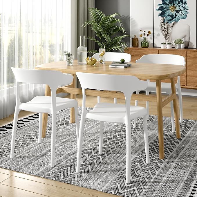 VECELO 4 Pack Plastic Stacking Chairs, Stackable Dining Chairs for Kitchen Restaurant Patio, Portable Indoor Outdoor Use, No Assembly Required, White