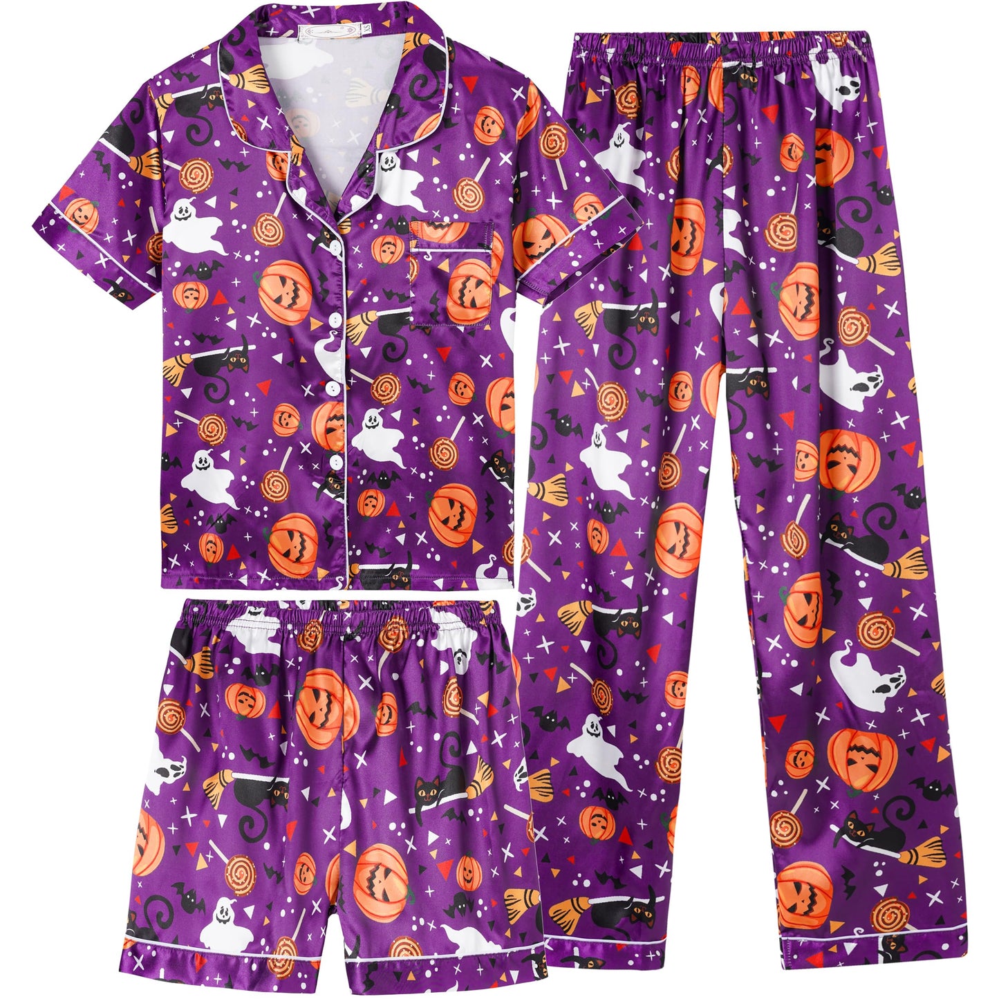Vopmocld Satin Pajama Sets Unisex Boys and Girls Silk Button Down Short Sleeve & Shorts & Pants Sleepwear 3PCS Loungewear PJS, Halloween, 8