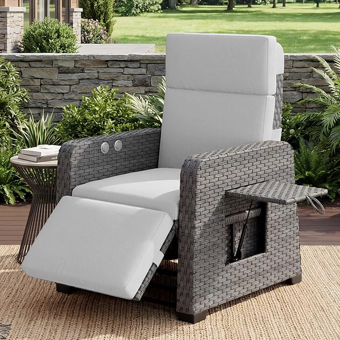 Restland Outdoor Recliner with Independent Adjustable Back & Footrest Wicker Patio Reclining Chair with Flip Table Comfortable Lounge Chair & Thick Cushion for Deck, Porch (Grey)