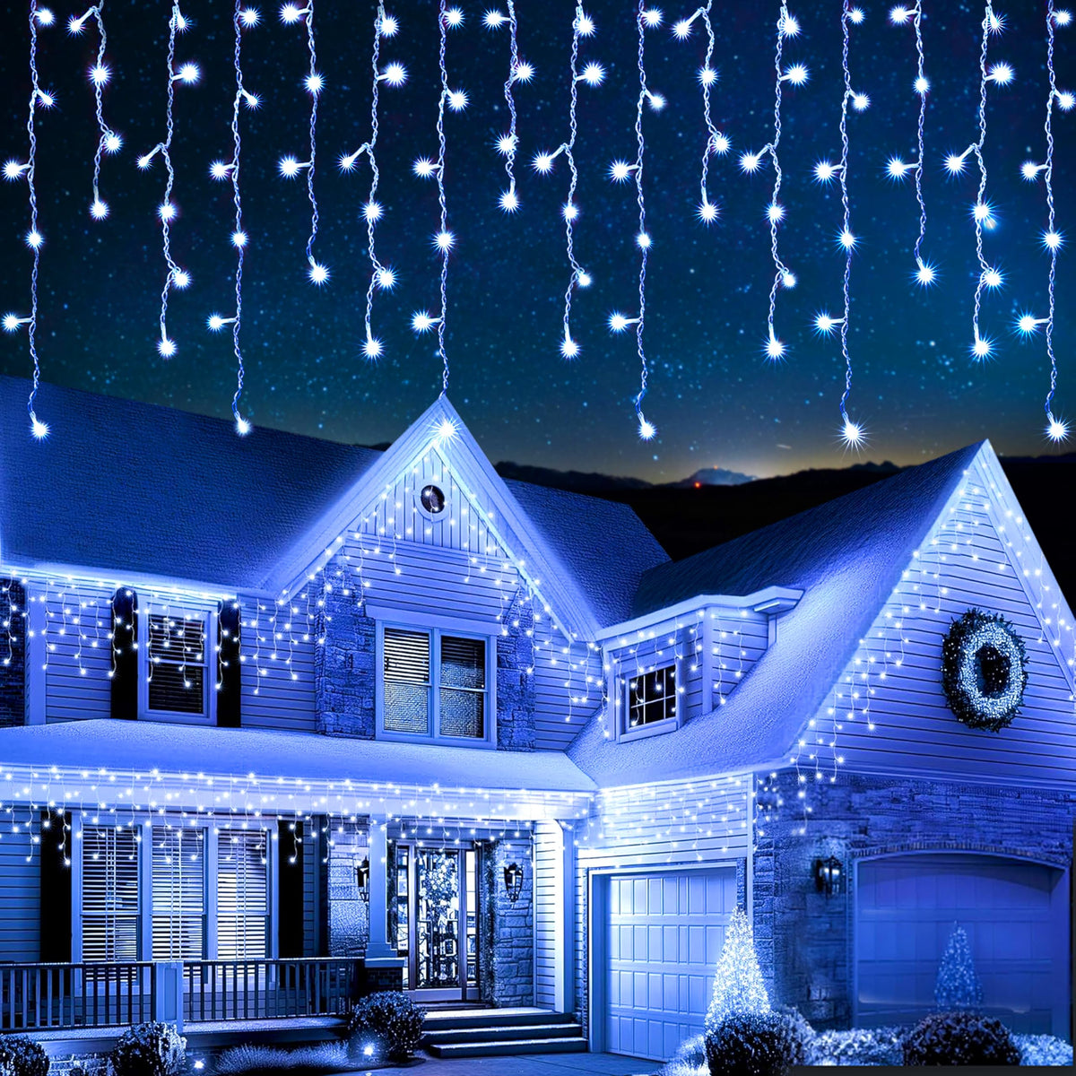 EcoNour Cool White Easter Icicle Lights for Outside, 32.8 FT 360LED Outdoor Icicle Lights with 8 Mode, 8HR Timer, Memory Function, Clear Wire connectable, Plug in Fairy Lights for Roofline, Party