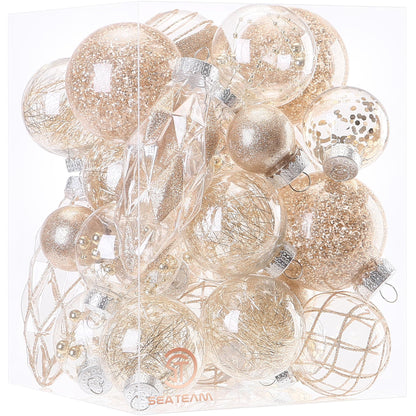 Sea Team Multi-Size Shatterproof Clear Plastic Christmas Ball Ornaments, Pendants, Drops, Finials, Decorative Xmas Tree Baubles Set with Stuffed Delicate Decorations (32 Counts, Champagne)