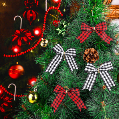WILLBOND 36 Pieces Christmas Buffalo Plaid Bows Small Bows Christmas Tree Ornaments Checkered for Wreaths Decoration(Red and Black)