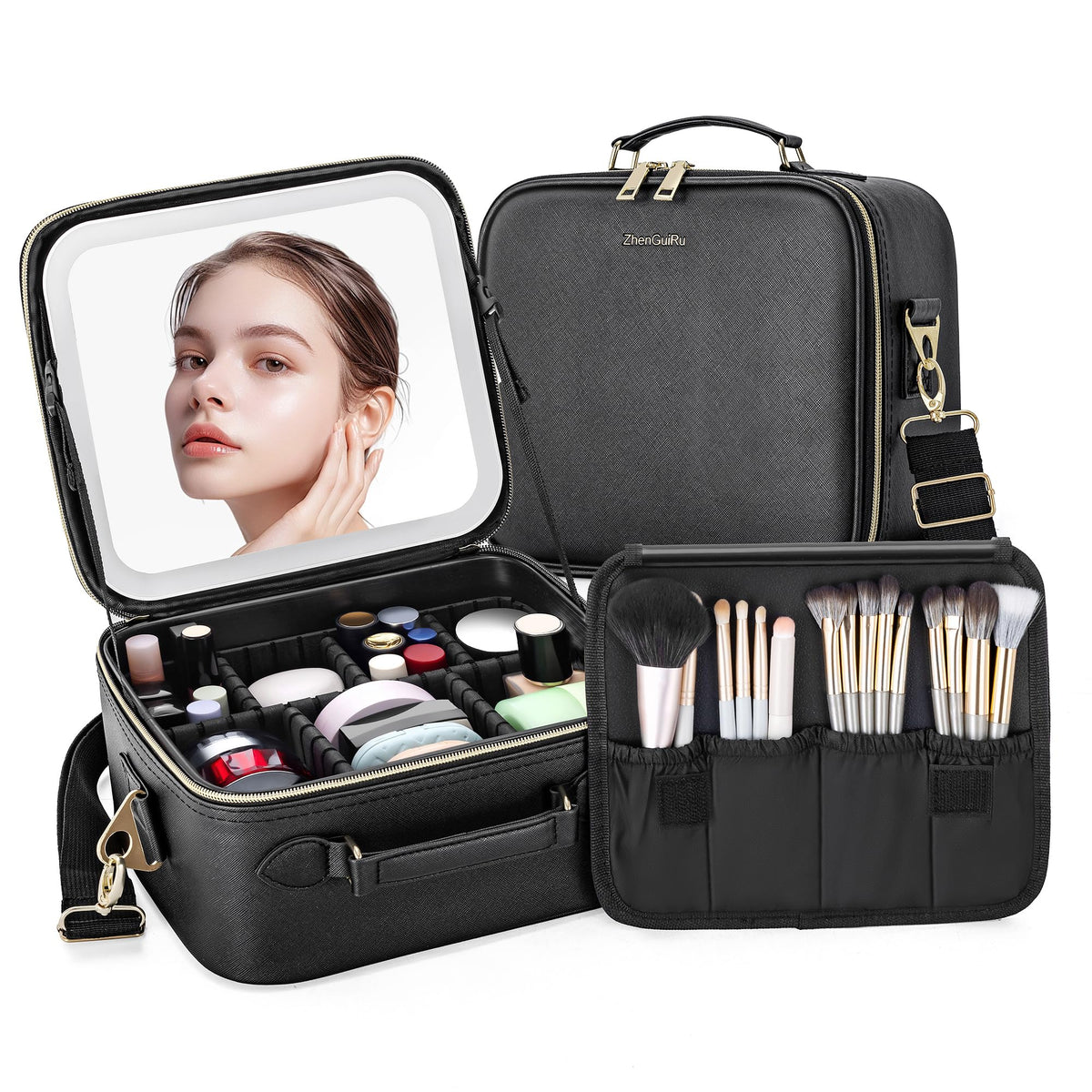 Gdsshuhung LED Makeup Bag with Mirror, Lighted Cosmetic Case with Natural Light, Adjustable Brightness and Soft Lighting, Travel Organizer with Compartments for Women(Black)