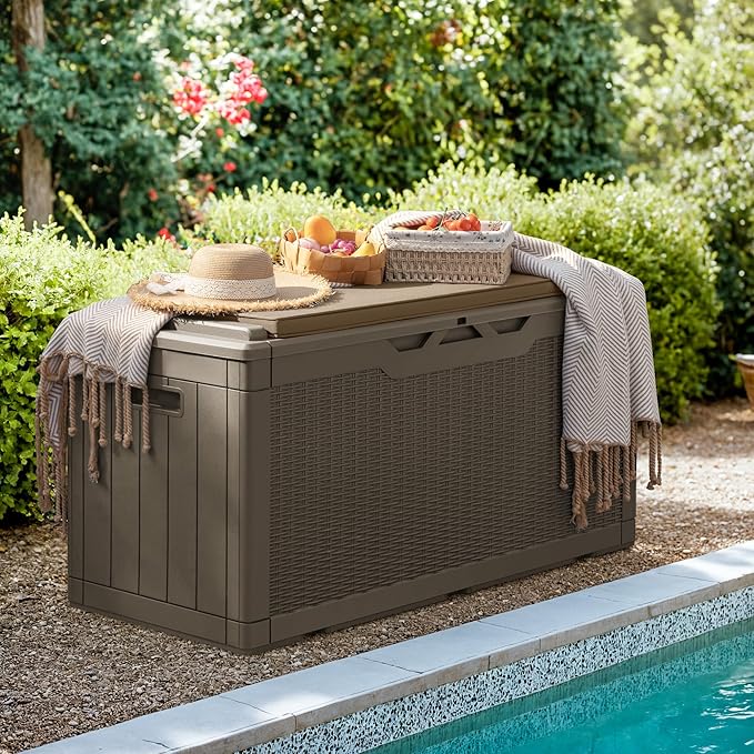 Greesum 100 Gallon Resin Deck Box Large Outdoor Storage with Cushions for Patio Furniture, Garden Tools, Pool Supplies, Weatherproof and UV Resistant, Lockable, Coffee