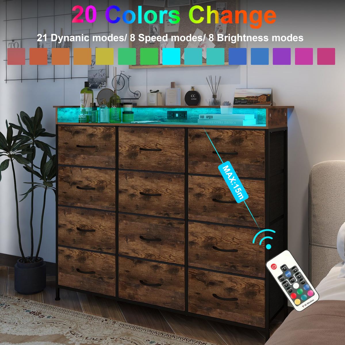 Welfuturer Dresser for Bedroom with 12 Drawers Clothes Dresser with Charging Station and LED Light Fabric Storage Tower for Living Room Hallway Closet Sturdy Steel Frame Wooden Top Rustic Brown