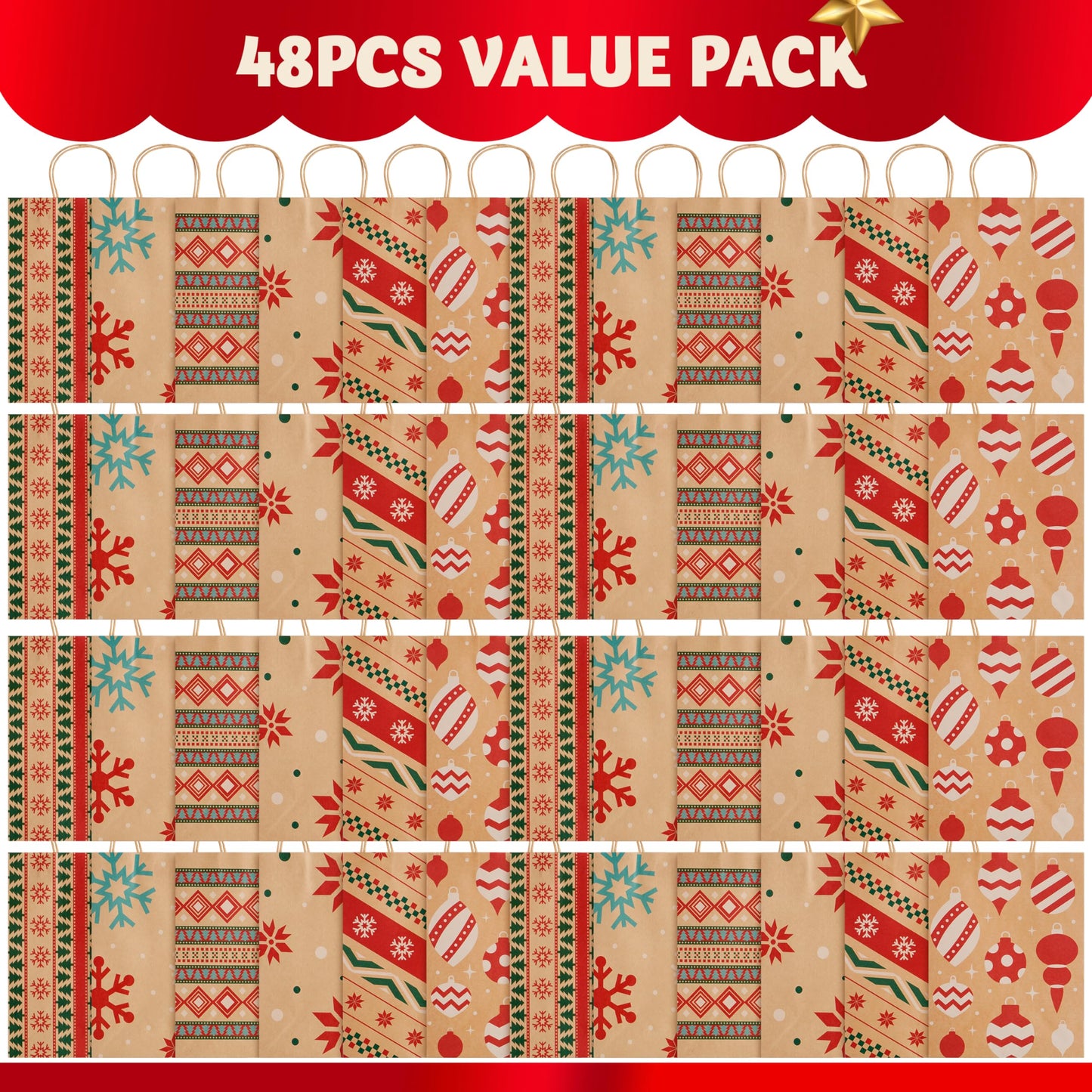 JOYIN 48 PCS Christmas Kraft Gift Bags 7" x 9" x 3.5" for Gifts Party Supplies Decor, Xmas Goody Treat Candy Bags for Holiday Wedding Gift Decor Classrooms and Party Favors Presents Wrapping