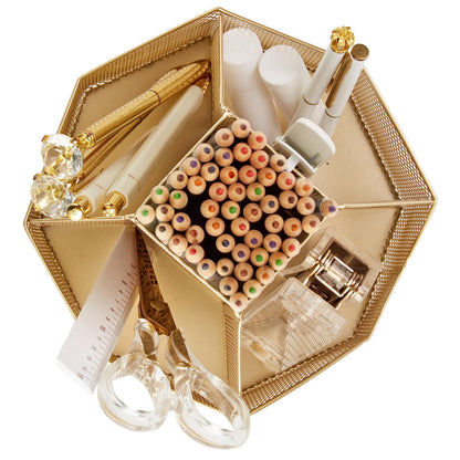 Annova Mesh Desk Organizer Rotate with 5 Compartments Spinning Tidy Candy/Pen Holder Office, Art Supply, Storage, Classroom, Home (Gold)