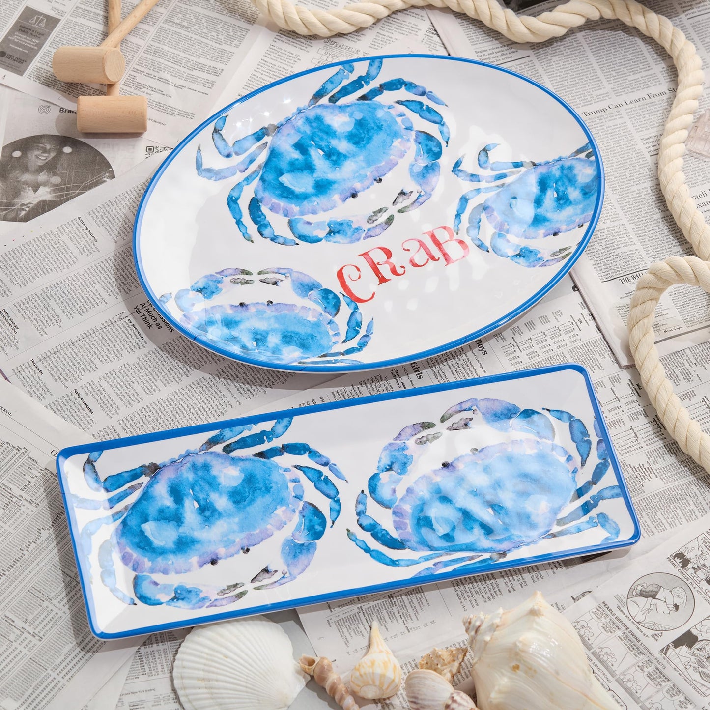 Beach House Crab Melamine 2-Piece Platter Set – Oval & Rectangular Platters, Durable, Shatterproof, Lightweight & Dishwasher-Safe
