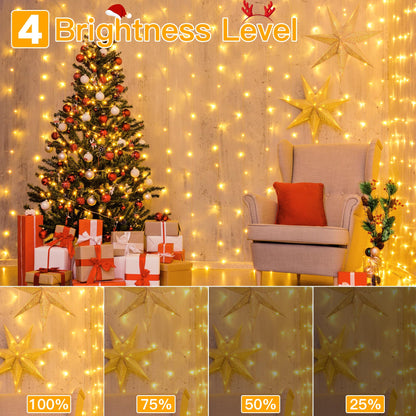 Ollny Curtain Lights 6.6x6.6ft, 200 LED String Lights with Remote 8 Modes Dimmable Timer, USB Power Fairy Light for Bedroom Backdrop Indoor Wall Window Christmas Decorations, Warm White