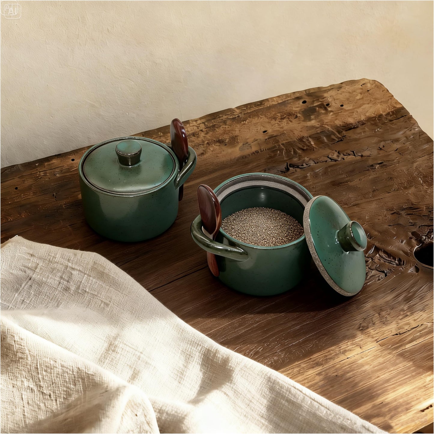seicasaya Handcrafted Speckled Ceramic Salt Cellar with Wooden Spoon, Rustic Vintage Spice Jar, Dishwasher Safe, 8.45 fl oz (Vintage Green set of 2)