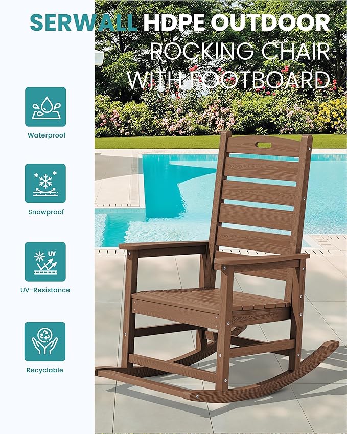 SERWALL Outdoor Rocking Chair Set of 4, Oversized HDPE Patio Rocking Chair with Footrest for Adults, All Weather Porch Rocker for Deck Patio Balcony, Brown