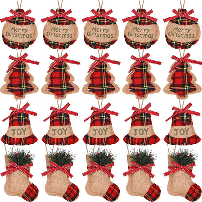 Jetec 20 Pieces Buffalo Plaid Christmas Ornaments Rustic Tartan Burlap Farmhouse Christmas Tree Decors Red Black Buffalo Xmas Tree Ball Plaid Stocking Bell Shaped Hanging Ornaments for Xmas Party