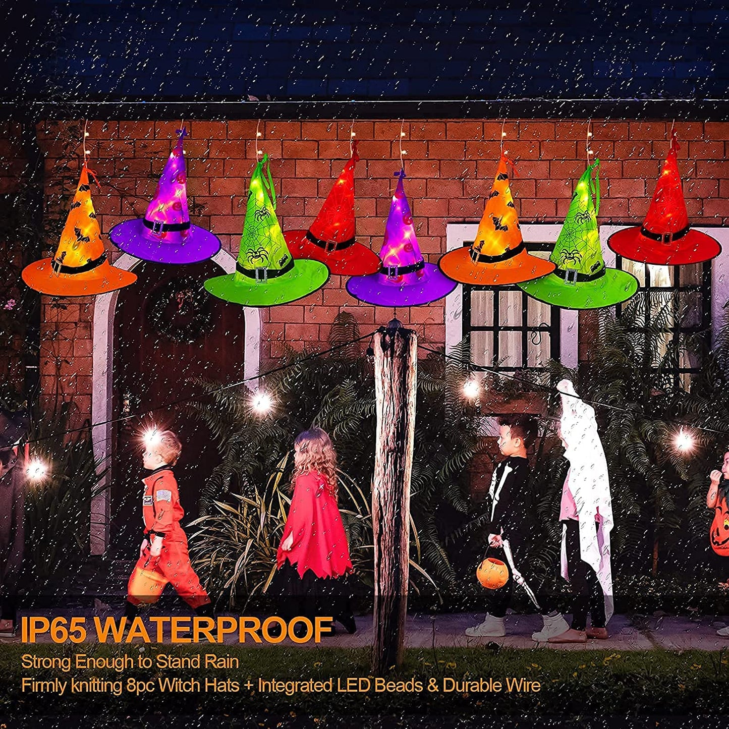 MZD8391 Halloween Decorations Lighted Witch Hats, 8Pcs Hanging Glowing Witch Hats 44ft Halloween Outdoor Lights String with 8 Lighting Modes for Outdoor, Garden, Yard, Tree