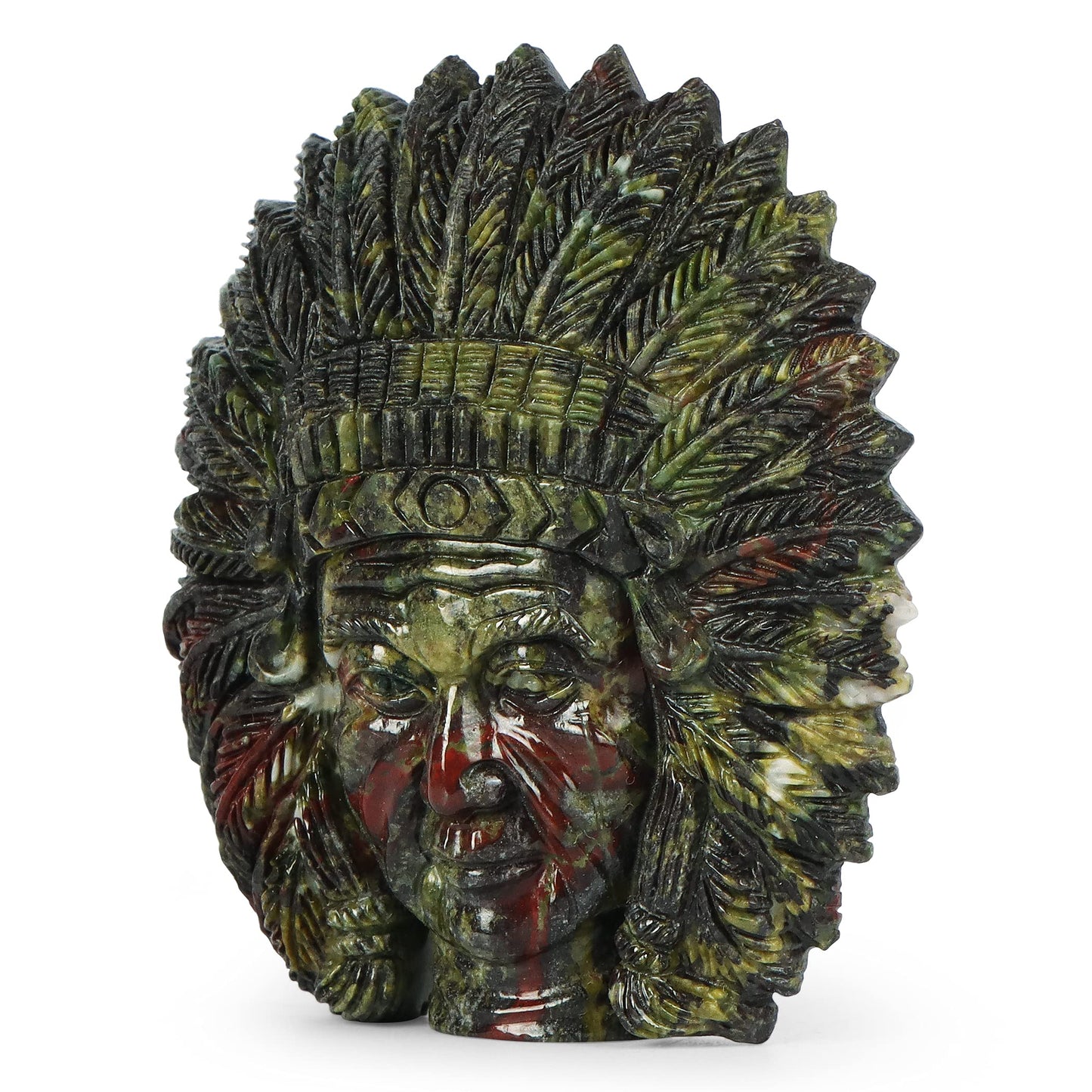 SMQ 2.5" Dragon Bloodstone Crystal Indian Head Figurines Hand Carved Gemstone Chief Bust Statue Collectable Reiki Healing Stones Ornament for Halloween, Office, Home Decor