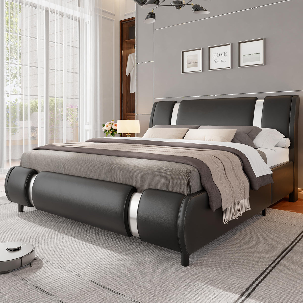 Keyluv Modern Queen Size Bed Frame with Mirror Metal Decoration, Faux Leather Upholstered Platform Bed with Curved Headboard, Wooden Slats Support, No Box Spring Needed, Black