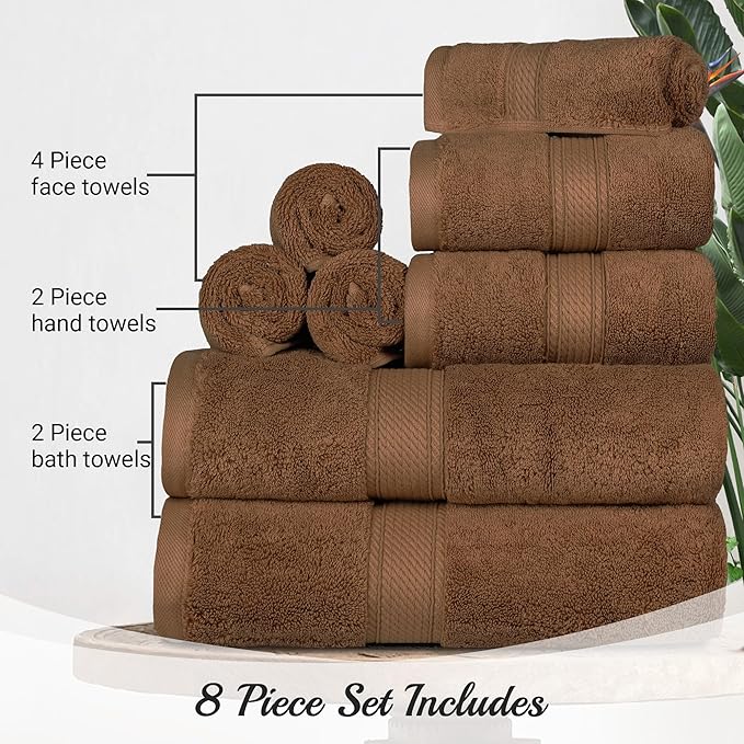 SUPERIOR Egyptian Cotton Pile 8 Piece Towel Set, Includes 2 Bath, 2 Hand