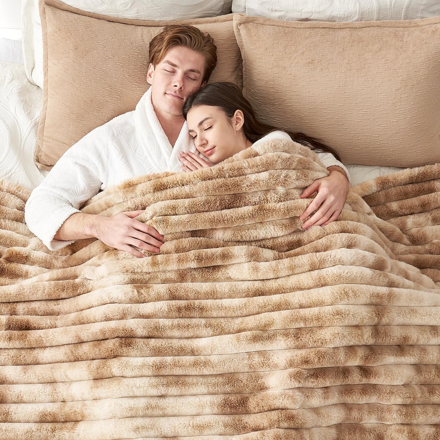 Cozy Bliss Faux Fur Throw Blanket for Couch, Cozy Warm Plush Striped Blanket for Sofa Bedroom Living Room, 50 * 60 Inches Tie-dye Khaki