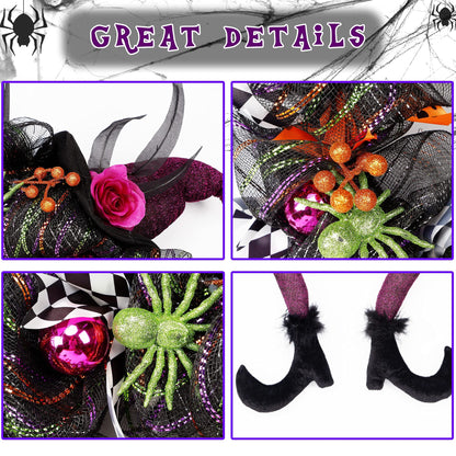 Lulu Home Halloween Front Door Wreath, Purple LED Lighted Witch Hat Wreath, Battery Operated, NOT PRELIT