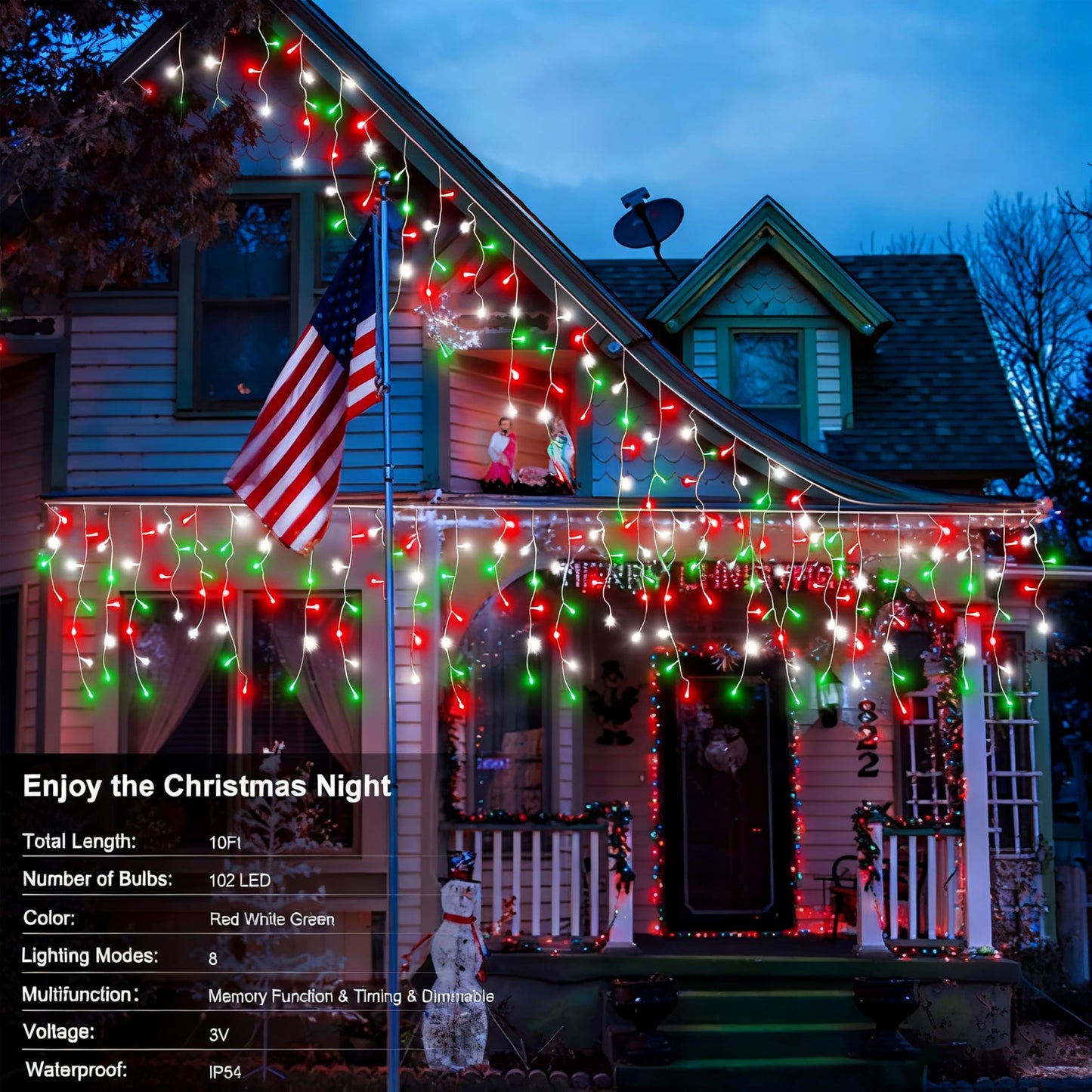 2 Pack Red White Green Christmas Icicle Lights Battery Operated, Total 204 LED Twinkle Icicle Lights 20Ft Clear Wire with 8 Lighting Modes Timer Function for Outdoor Indoor House Party Decoration