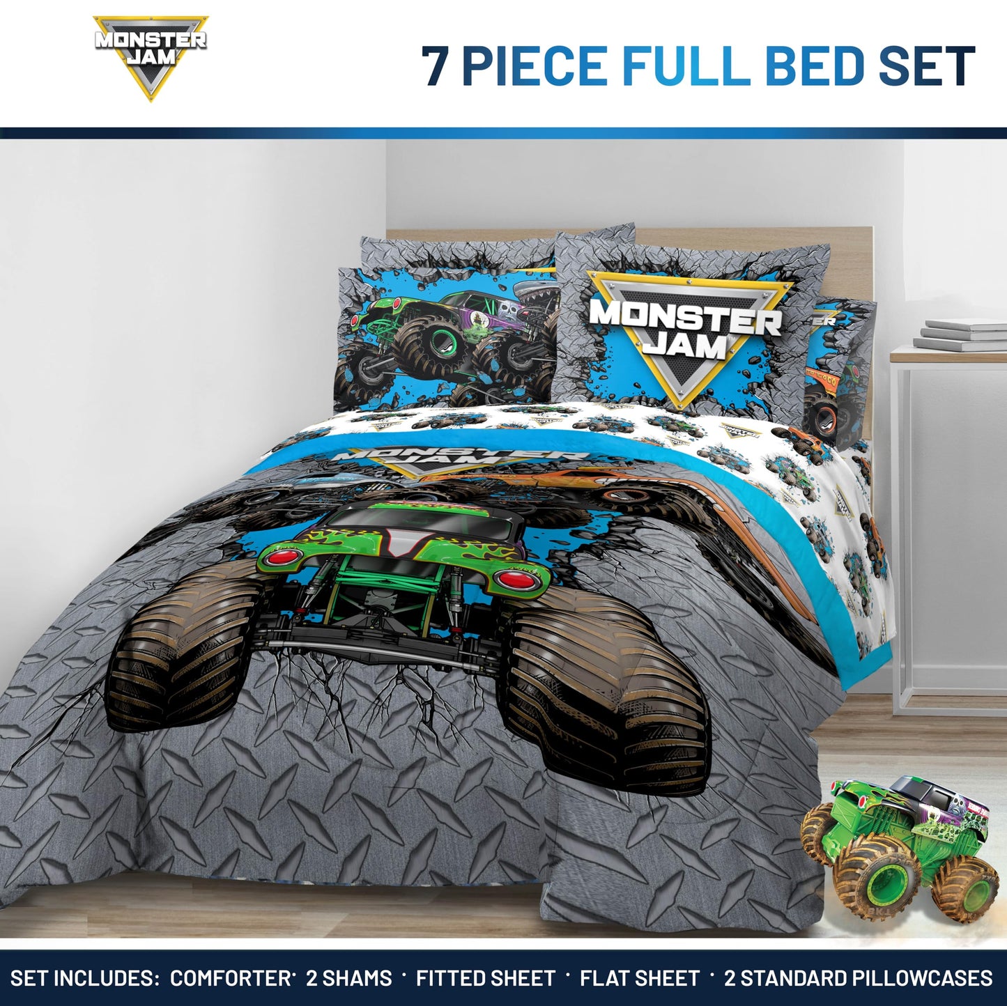 Jay Franco Kids Comforter Set Includes Sheets and Pillow Covers - Soft and Cozy Bed Set for Stylish Room Decor, Gray - Monster Jam 01, 7 Piece Full Size Bedding